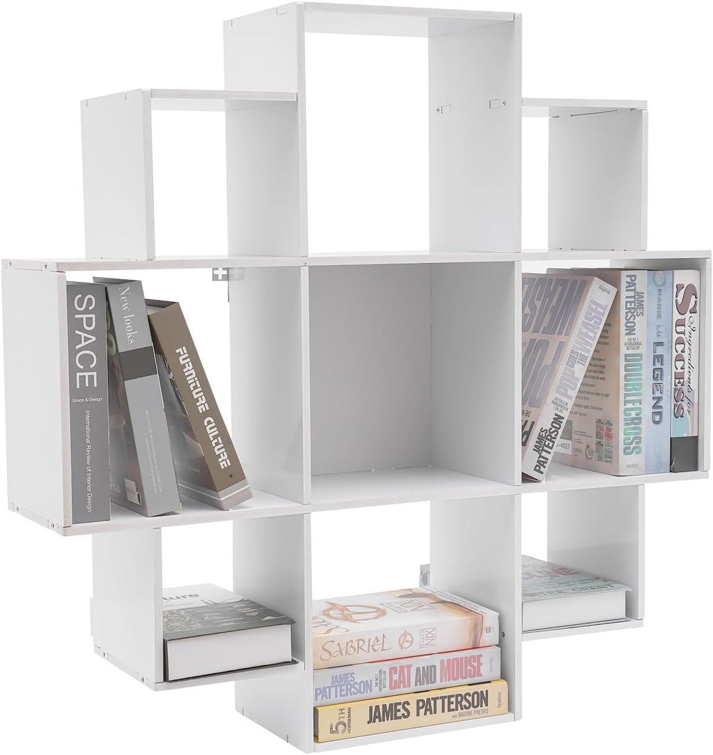 3‑Tier Geometric Wall‑Mounted 9‑Grid Bookshelf