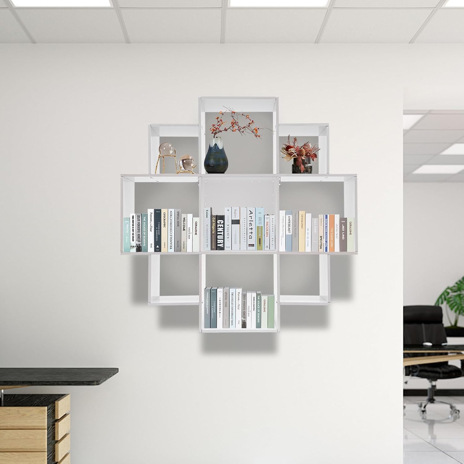 3‑Tier Geometric Wall‑Mounted 9‑Grid Bookshelf