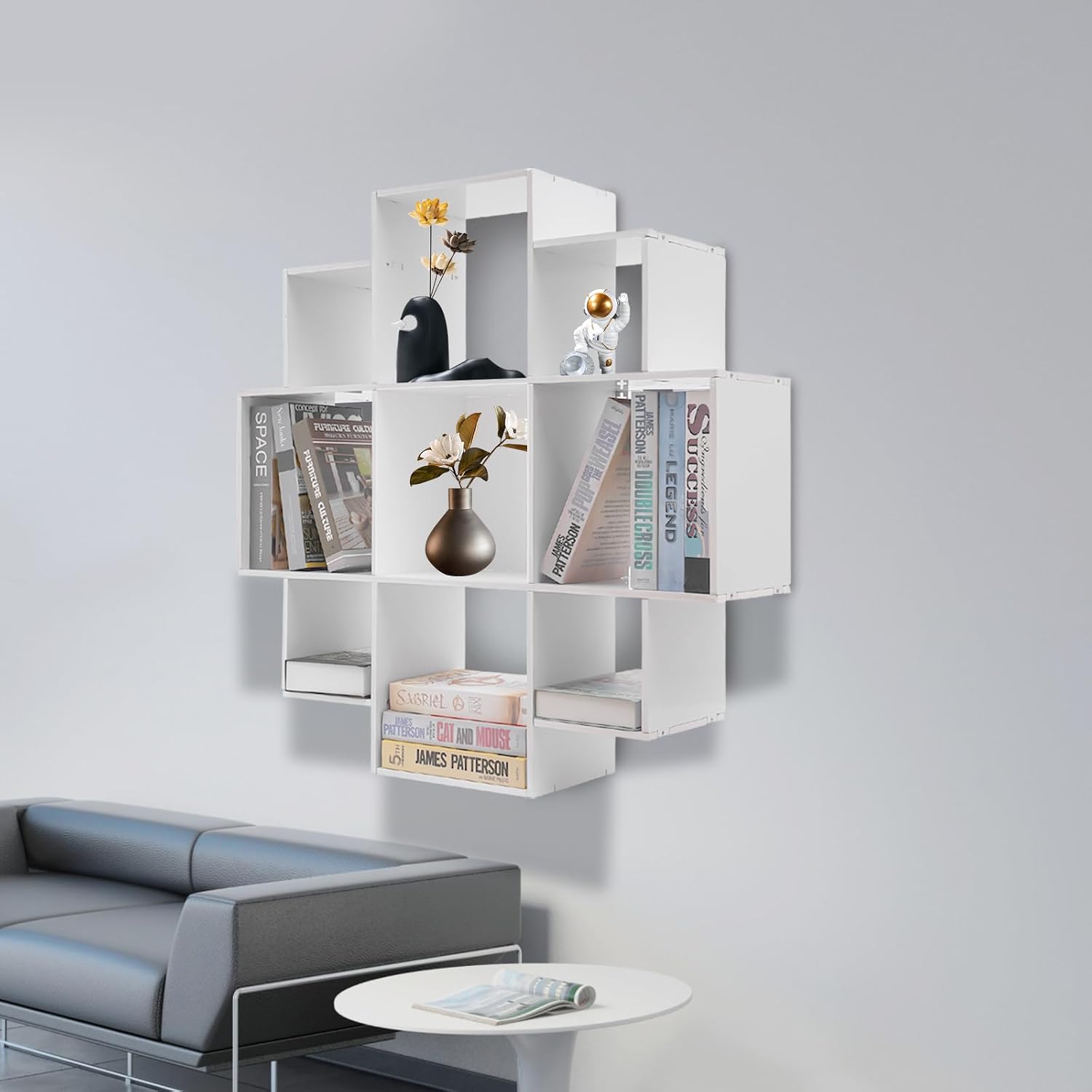 3‑Tier Geometric Wall‑Mounted 9‑Grid Bookshelf