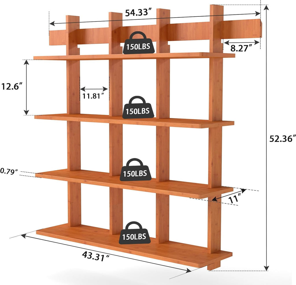 4‑Tier Wall‑Mounted Bamboo Floating Bookshelf