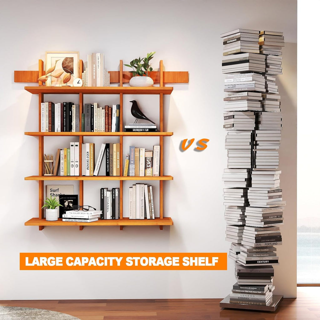 4‑Tier Wall‑Mounted Bamboo Floating Bookshelf