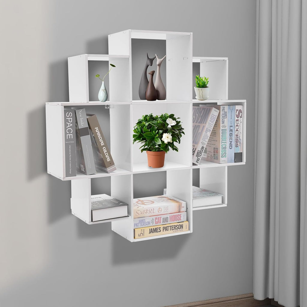 3‑Tier Geometric Wall‑Mounted 9‑Grid Bookshelf