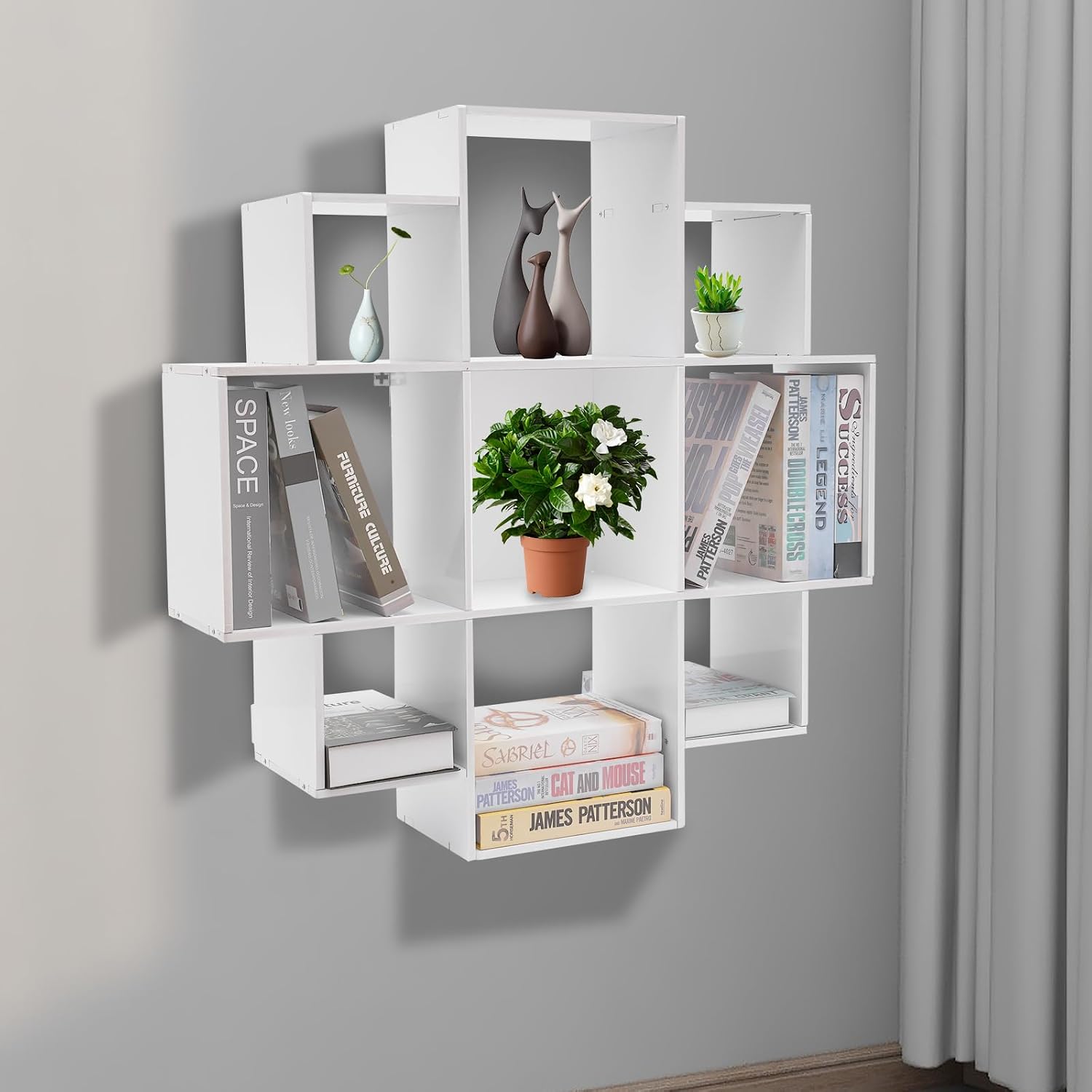3‑Tier Geometric Wall‑Mounted 9‑Grid Bookshelf