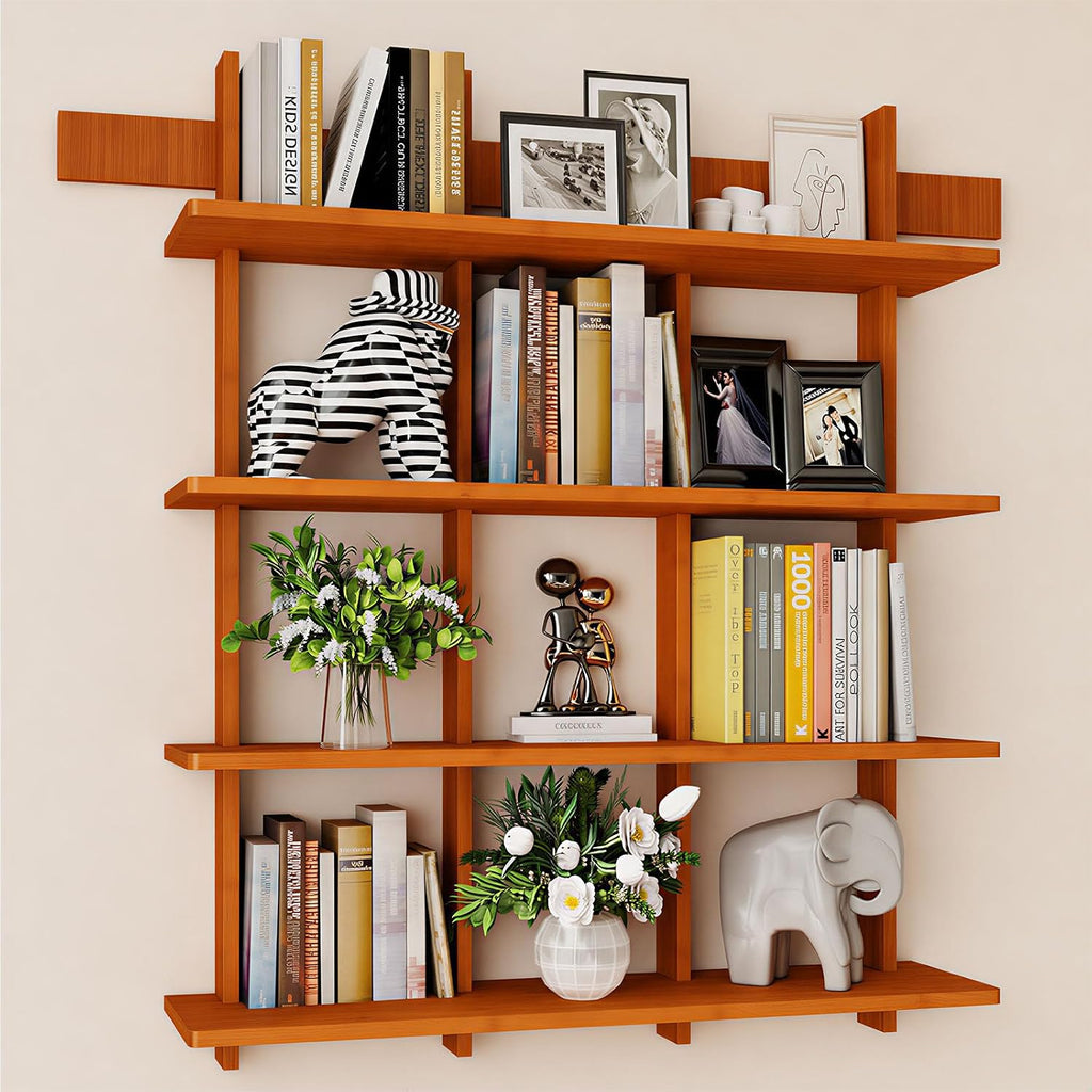 4‑Tier Wall‑Mounted Bamboo Floating Bookshelf