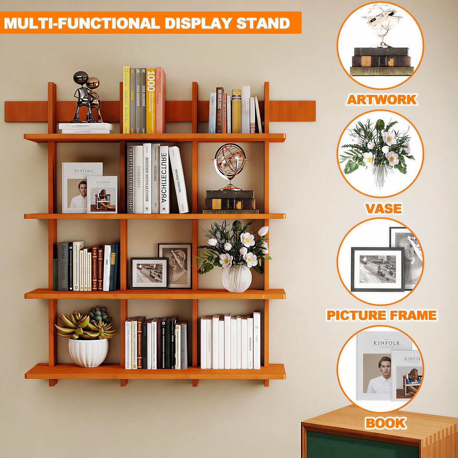 4‑Tier Wall‑Mounted Bamboo Floating Bookshelf