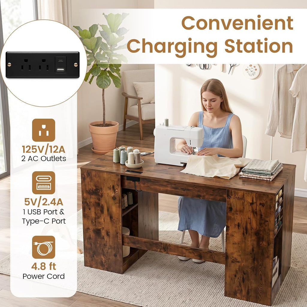 Sewing Craft Workstation Table with Power Outlets