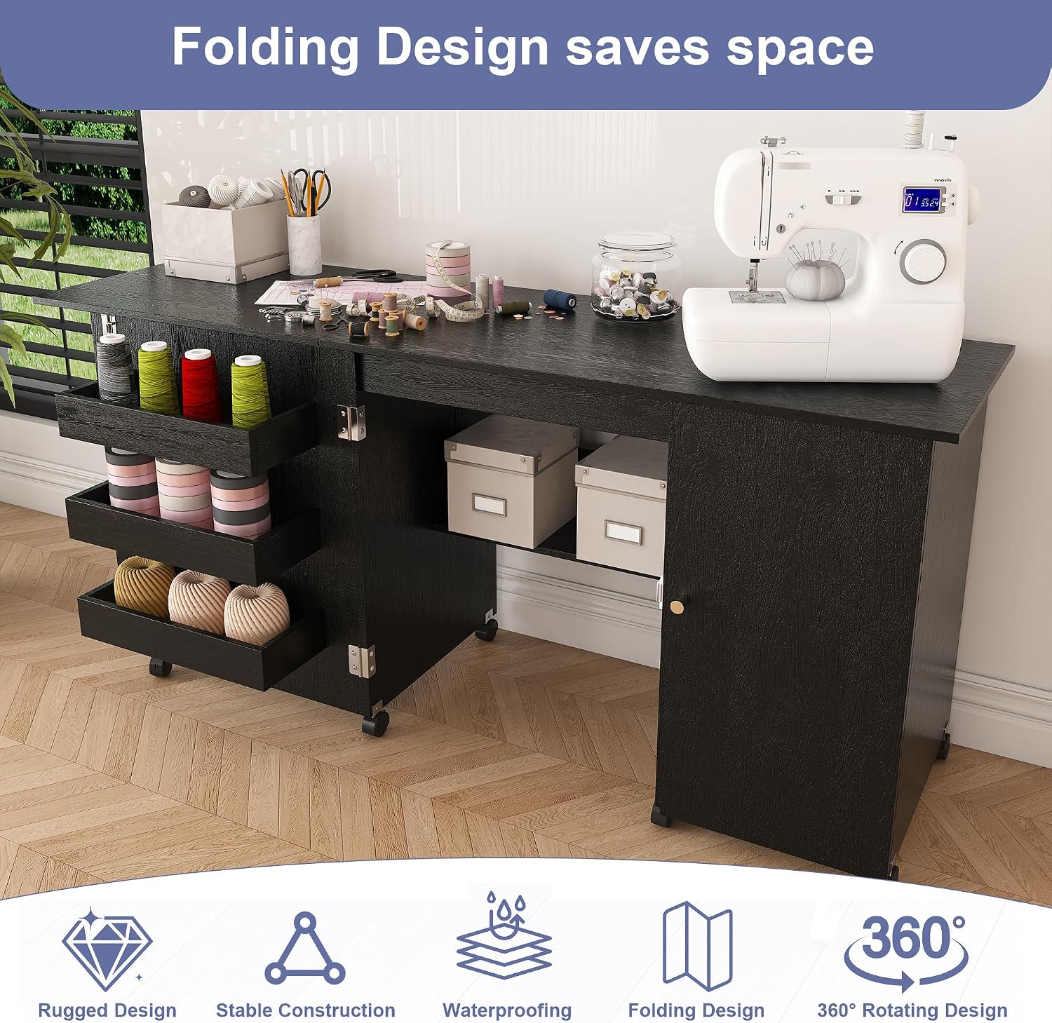 Foldable Rolling Sewing Craft Cabinet Table